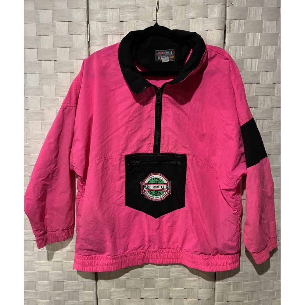 Vintage Paris Sport Club Neon Pink Pullover Windbreaker Jacket Mens M 90s